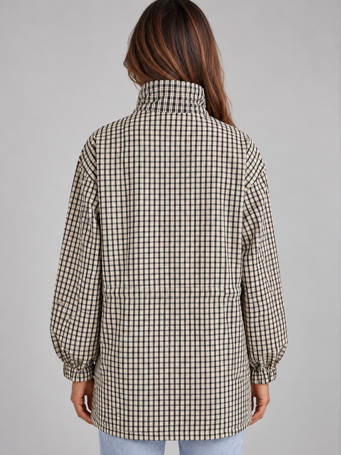 Checked Utility Jacket – High Neck Drawstring Field Coat