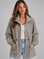 Checked Utility Jacket – High Neck Drawstring Field Coat