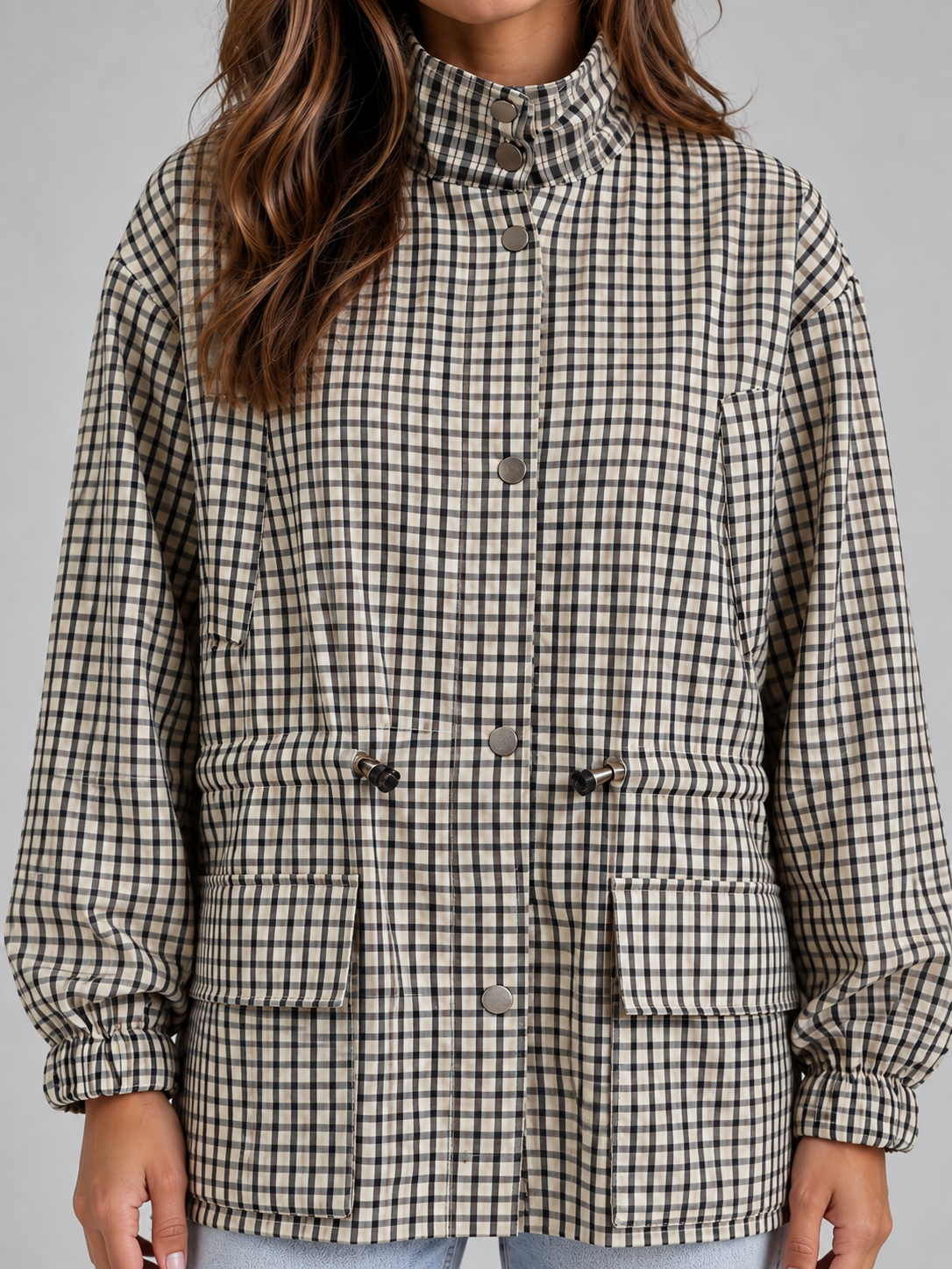 Checked Utility Jacket – High Neck Drawstring Field Coat