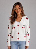 Cherry Print Cardigan – V-Neck Button Front Knit