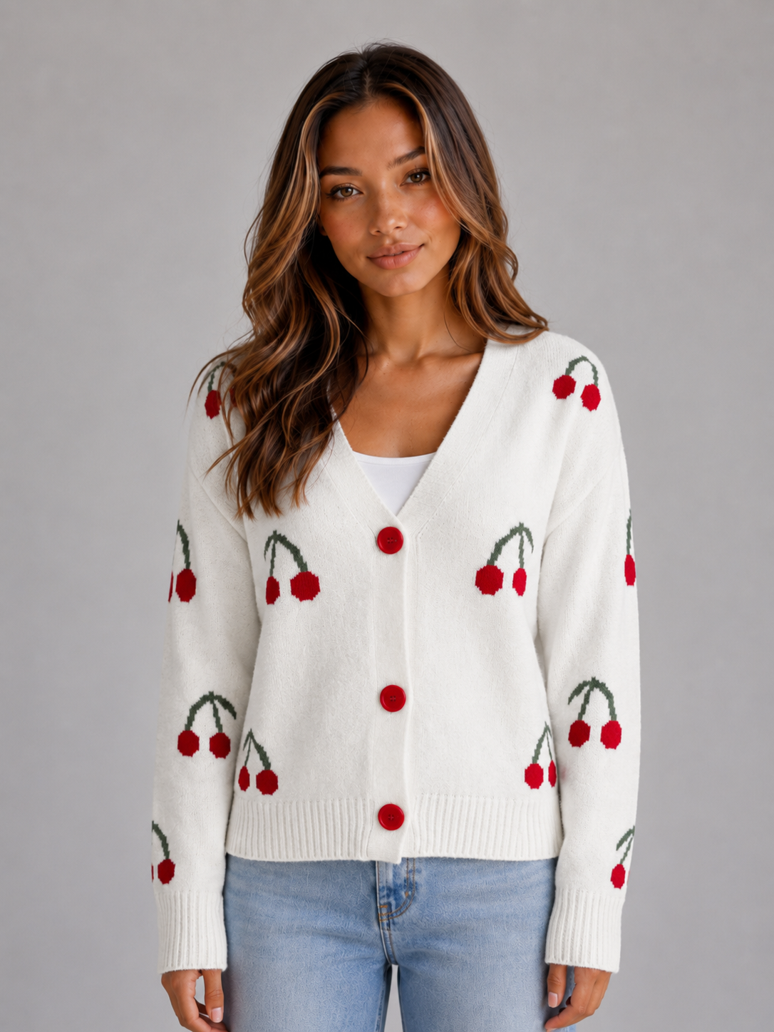 Cherry Print Cardigan – V-Neck Button Front Knit
