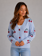 Cherry Print Cardigan – V-Neck Button Front Knit