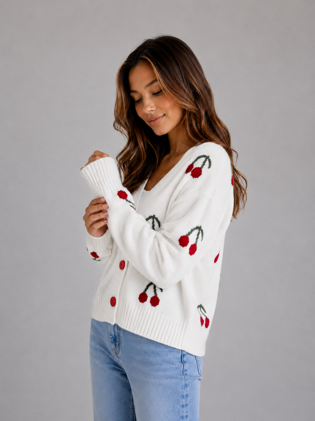 Cherry Print Cardigan – V-Neck Button Front Knit