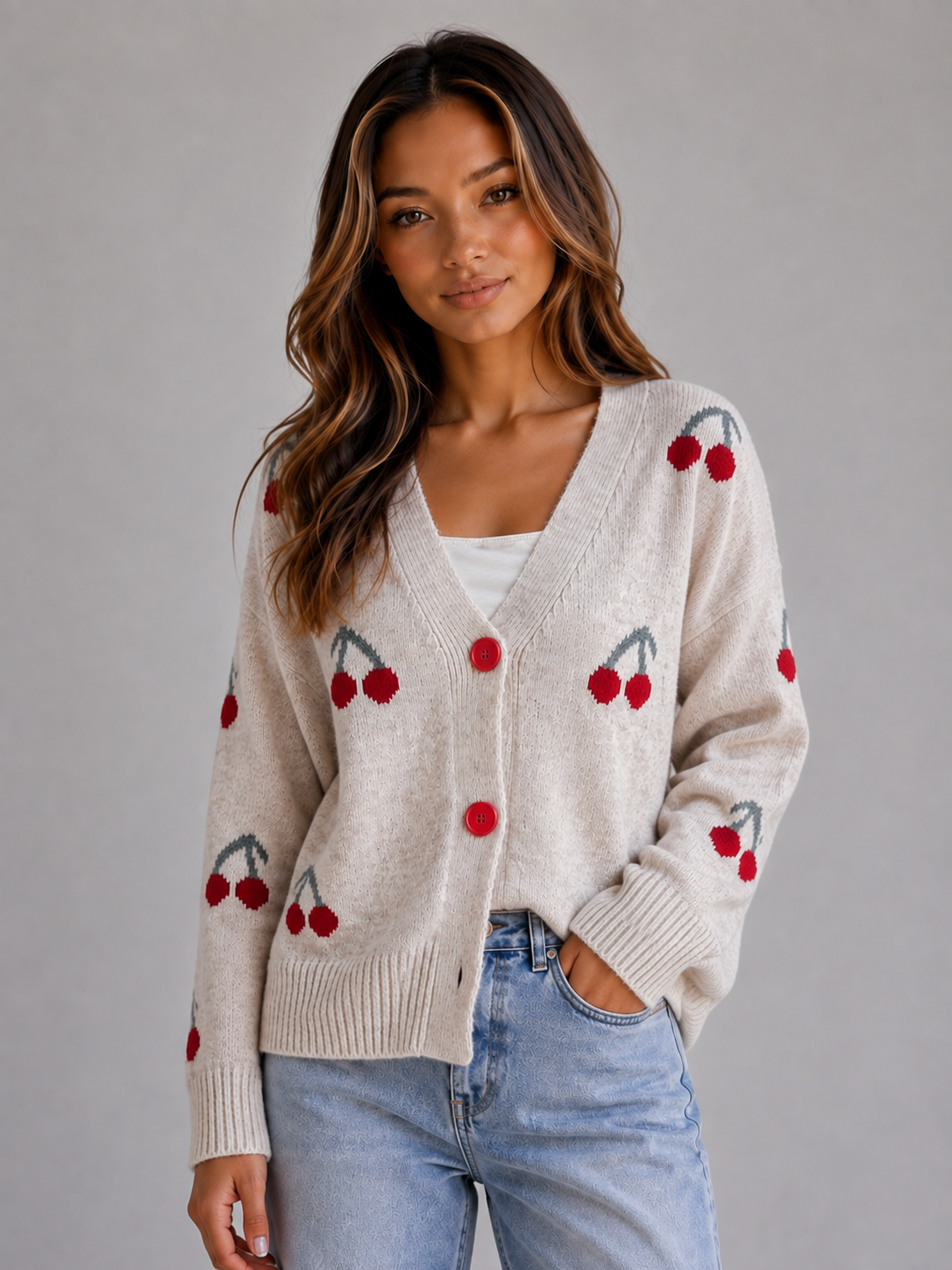 Cherry Print Cardigan – V-Neck Button Front Knit