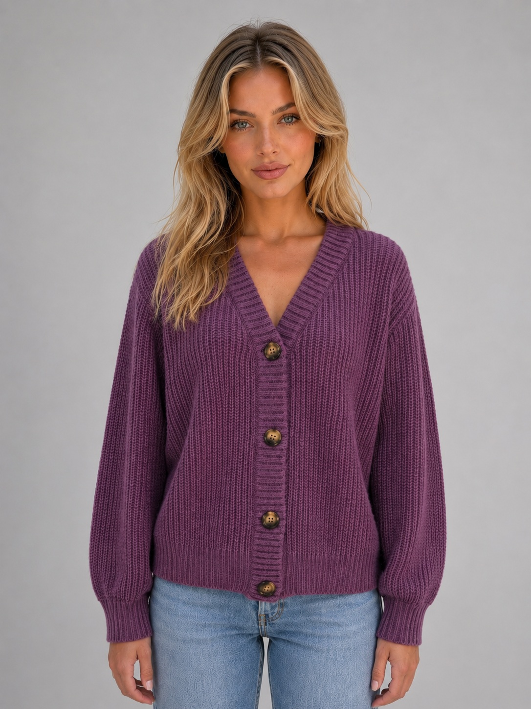 Chunky Knit Cardigan – Button Front V-Neck Soft Ribbed Jumper