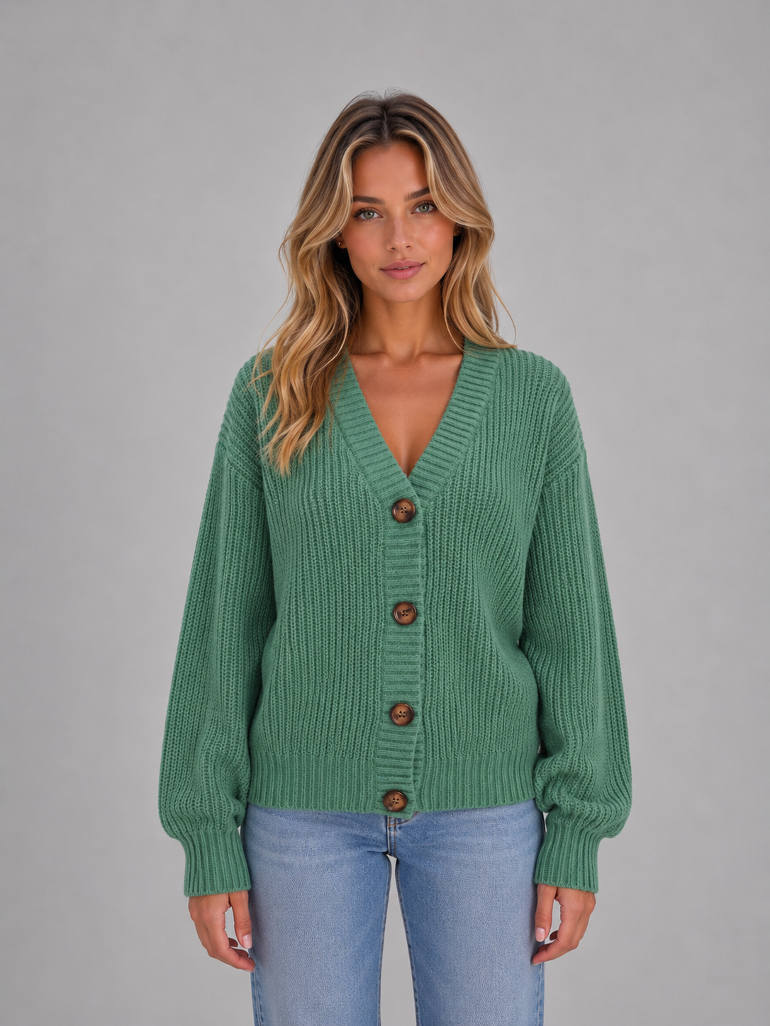 Chunky Knit Cardigan – Button Front V-Neck Soft Ribbed Jumper