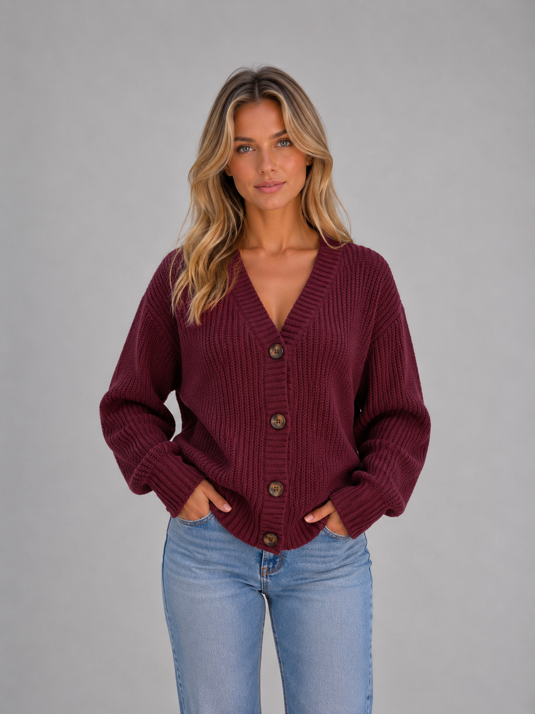 Chunky Knit Cardigan – Button Front V-Neck Soft Ribbed Jumper