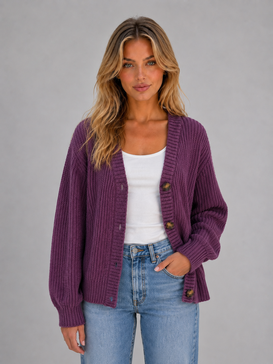 Chunky Knit Cardigan – Button Front V-Neck Soft Ribbed Jumper