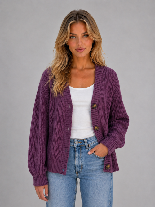 Chunky Knit Cardigan – Button Front V-Neck Soft Ribbed Jumper