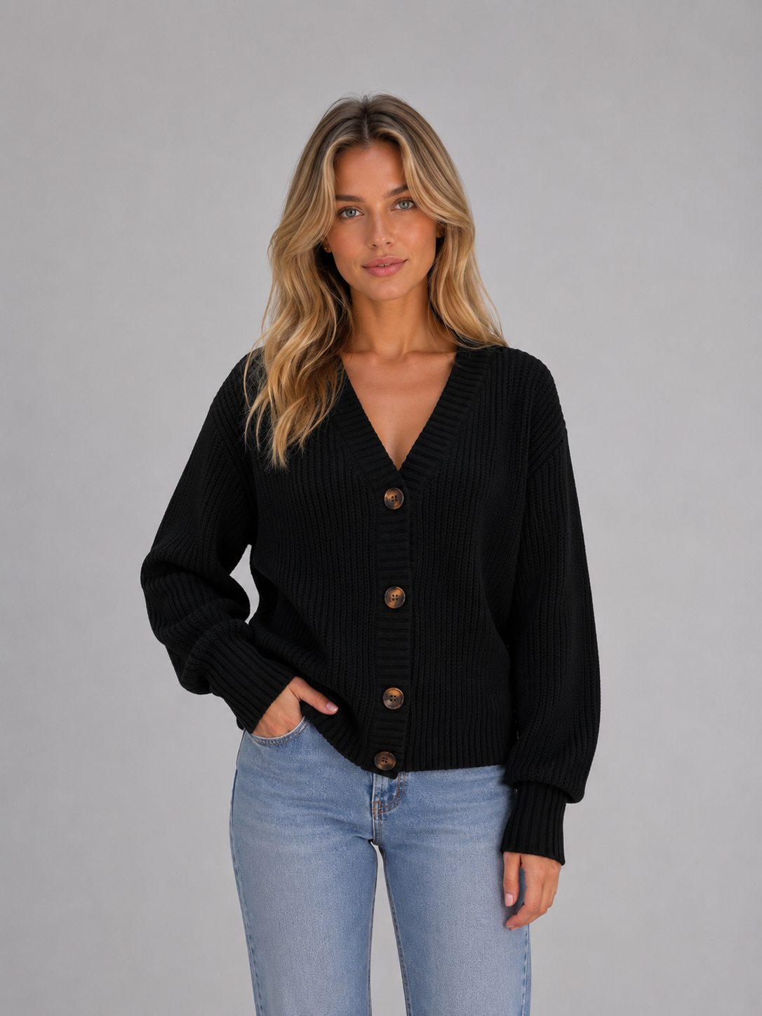 Chunky Knit Cardigan – Button Front V-Neck Soft Ribbed Jumper