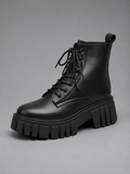 Chunky Leather Look Combat Boots – Lace-Up Platform Ankle Boots