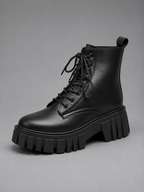 Chunky Leather Look Combat Boots – Lace-Up Platform Ankle Boots