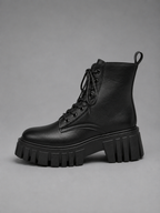 Chunky Leather Look Combat Boots – Lace-Up Platform Ankle Boots
