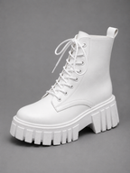 Chunky Leather Look Combat Boots – Lace-Up Platform Ankle Boots