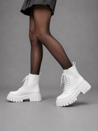 Chunky Leather Look Combat Boots – Lace-Up Platform Ankle Boots