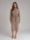 Cotton Knitted Midi Dress – Roll Neck Belted Jumper Dress