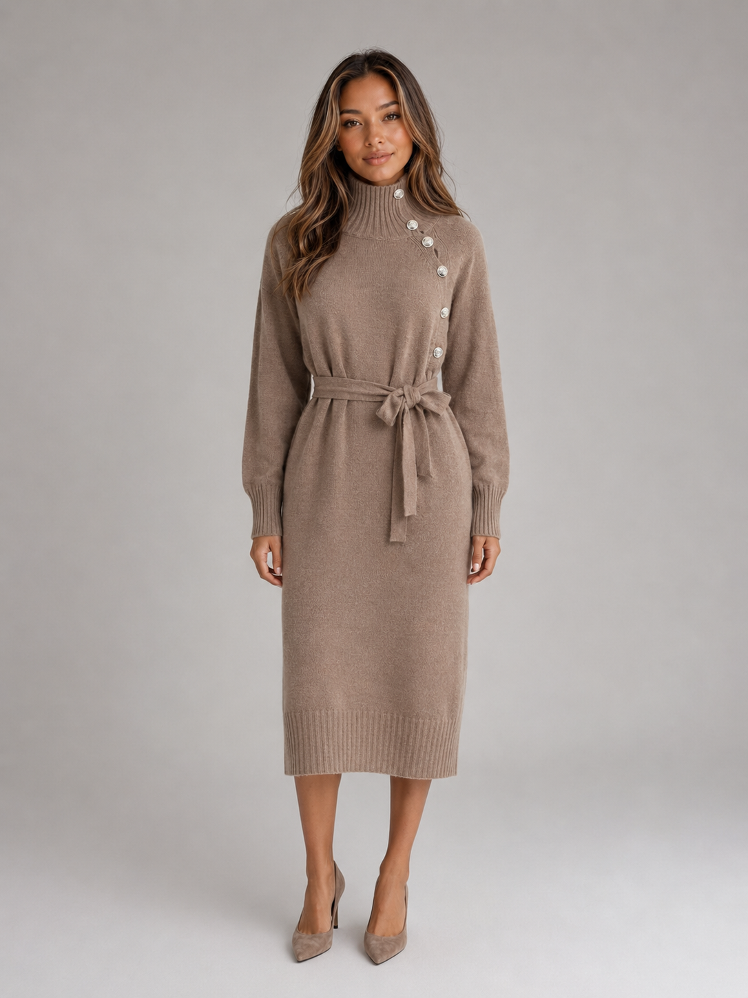 Cotton Knitted Midi Dress – Roll Neck Belted Jumper Dress