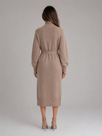Cotton Knitted Midi Dress – Roll Neck Belted Jumper Dress