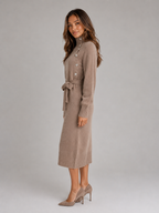 Cotton Knitted Midi Dress – Roll Neck Belted Jumper Dress