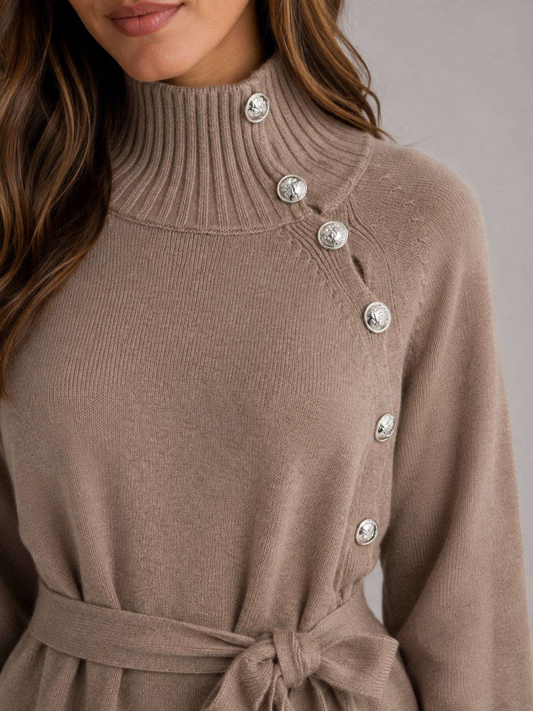 Cotton Knitted Midi Dress – Roll Neck Belted Jumper Dress