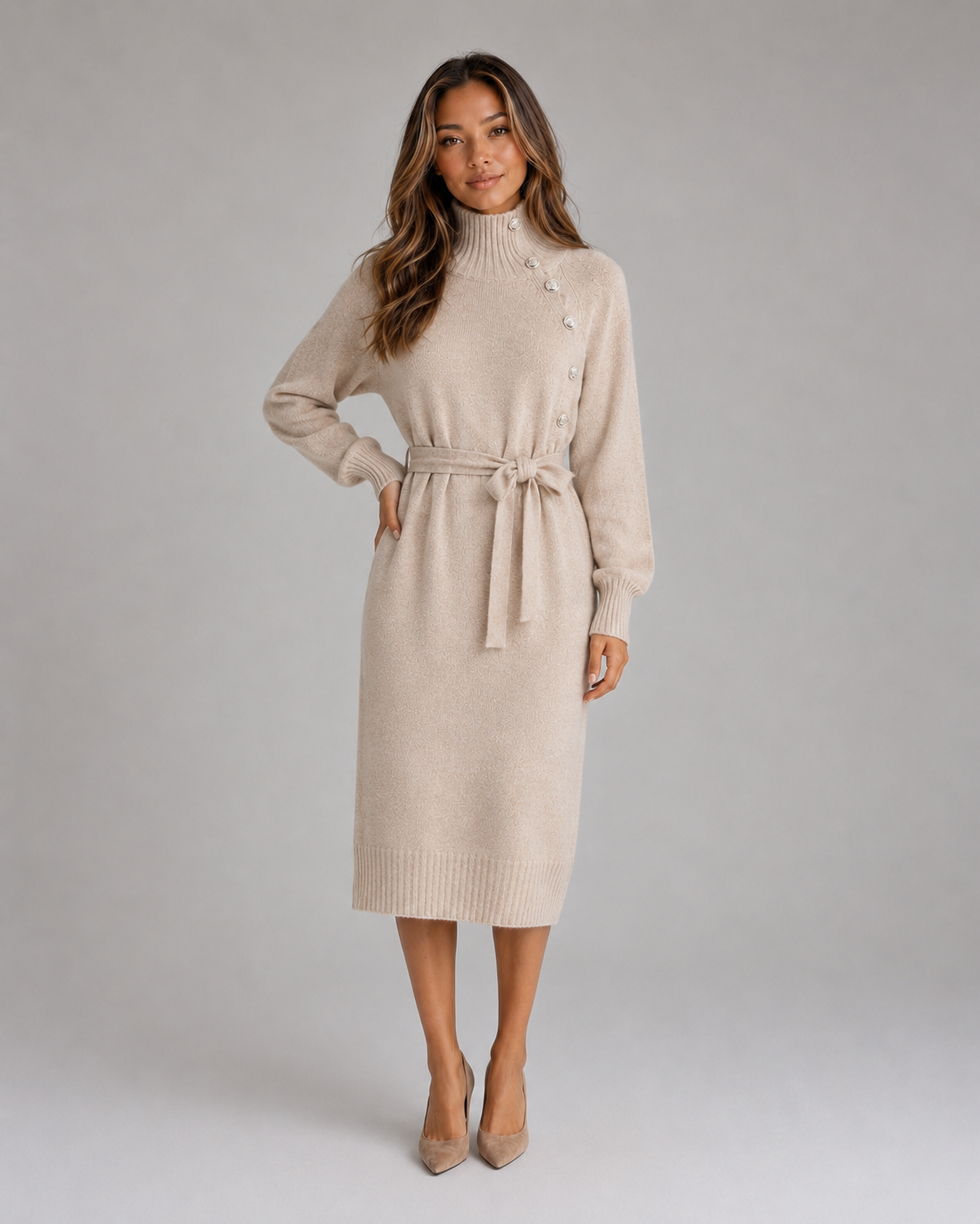 Cotton Knitted Midi Dress – Roll Neck Belted Jumper Dress