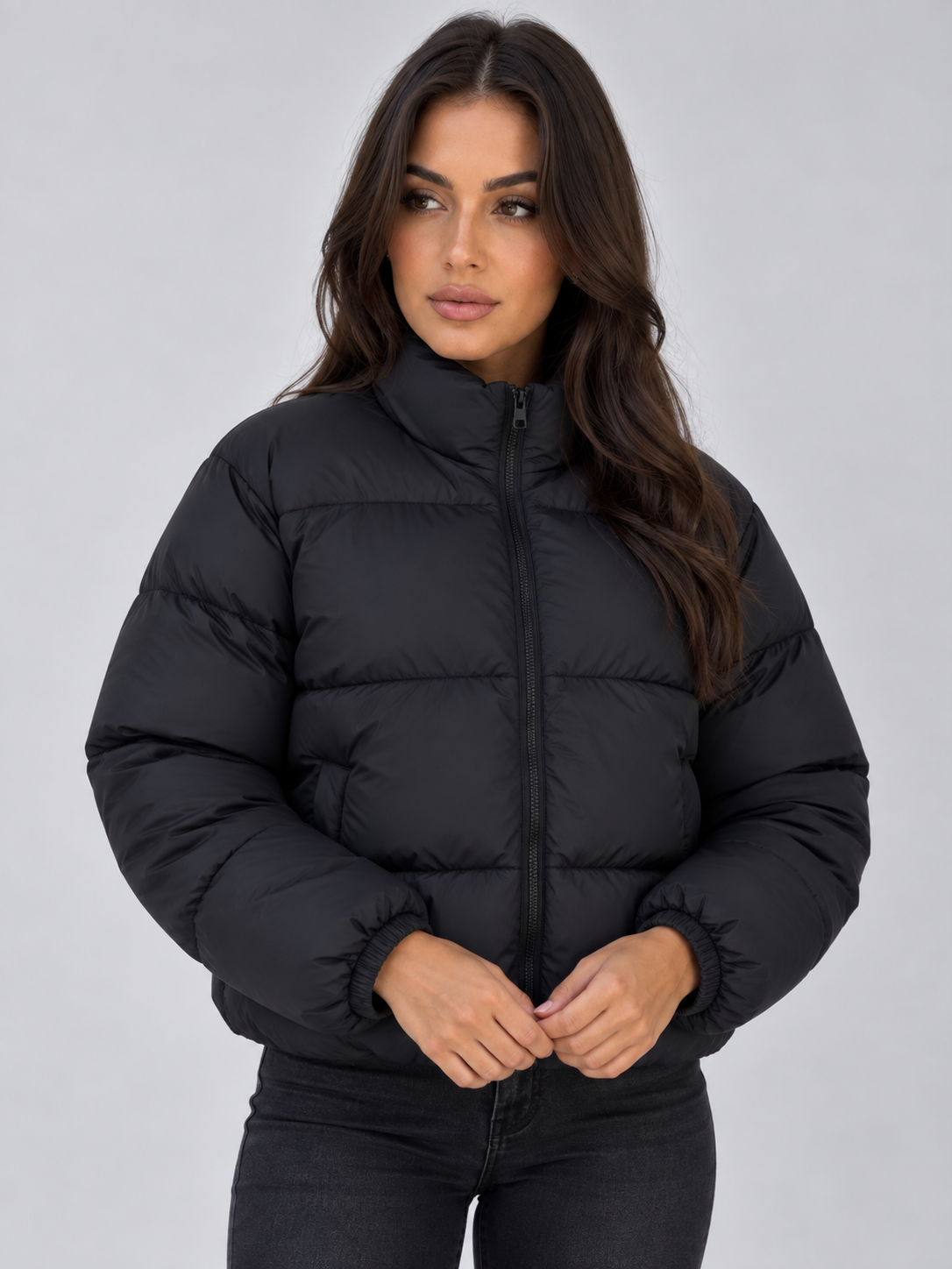 Cropped Puffer Jacket – High Neck Full Zip Padded Coat