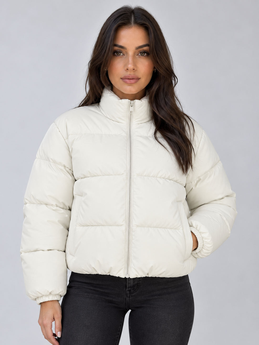 Cropped Puffer Jacket – High Neck Full Zip Padded Coat