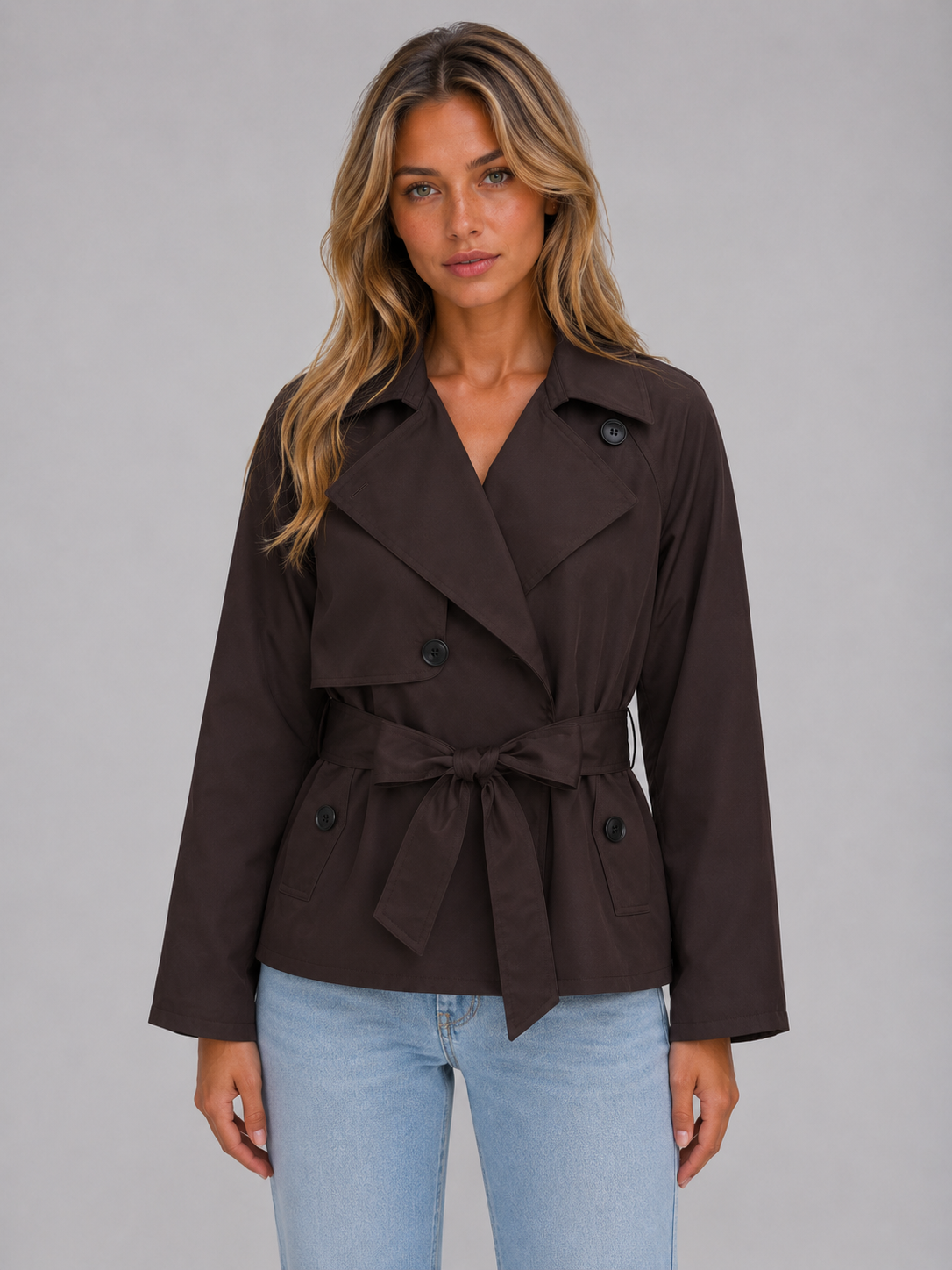Cropped Trench Jacket – Double Breasted Tie Waist Coat