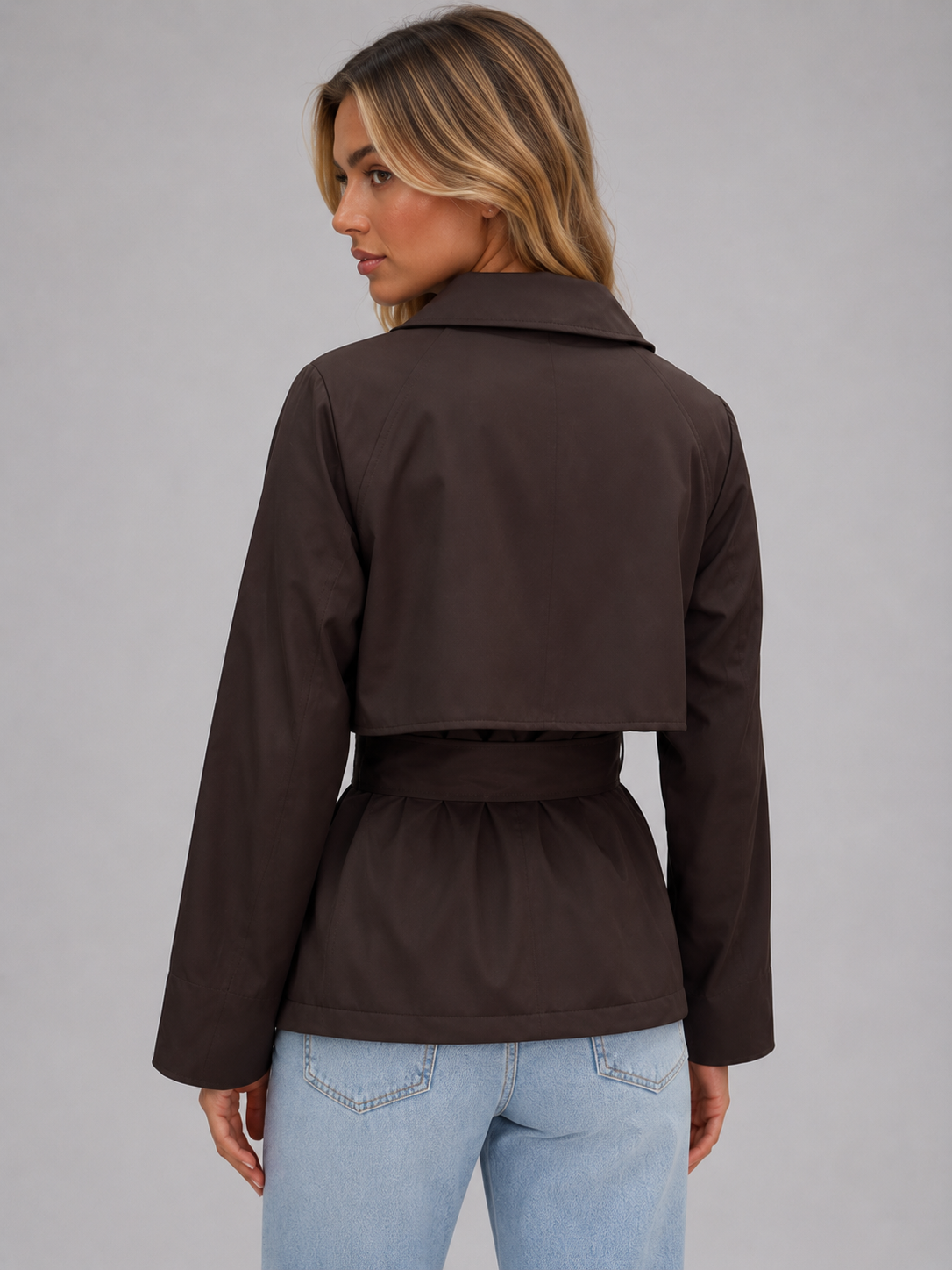 Cropped Trench Jacket – Double Breasted Tie Waist Coat