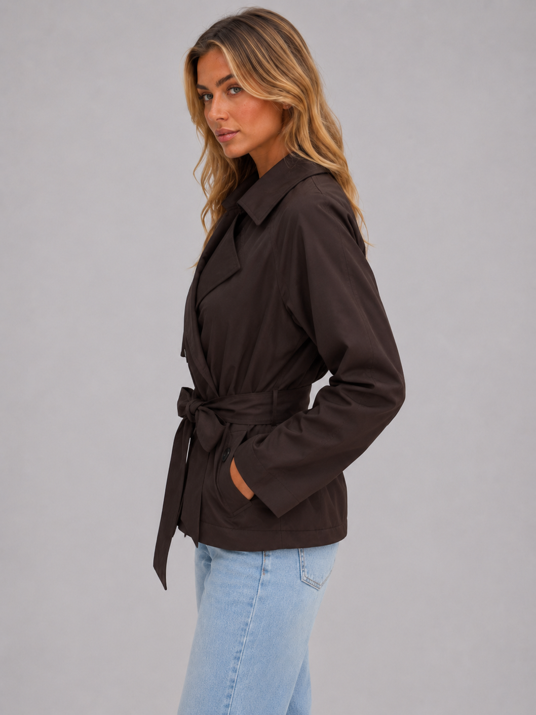 Cropped Trench Jacket – Double Breasted Tie Waist Coat
