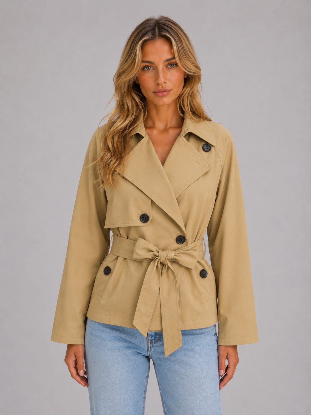Cropped Trench Jacket – Double Breasted Tie Waist Coat
