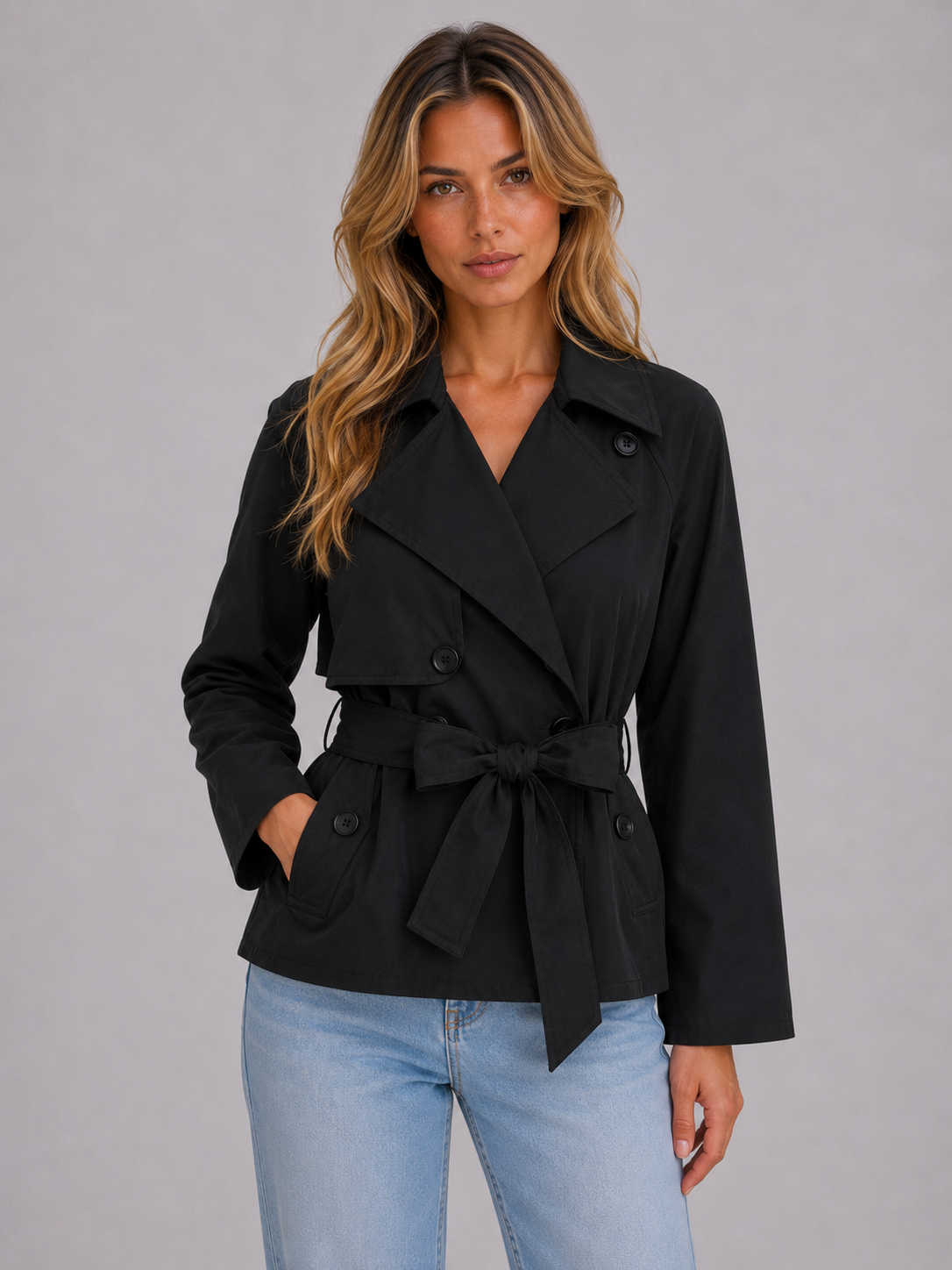 Cropped Trench Jacket – Double Breasted Tie Waist Coat