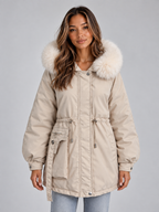 Faux Fur Collar Parka – Hooded Drawstring Winter Coat