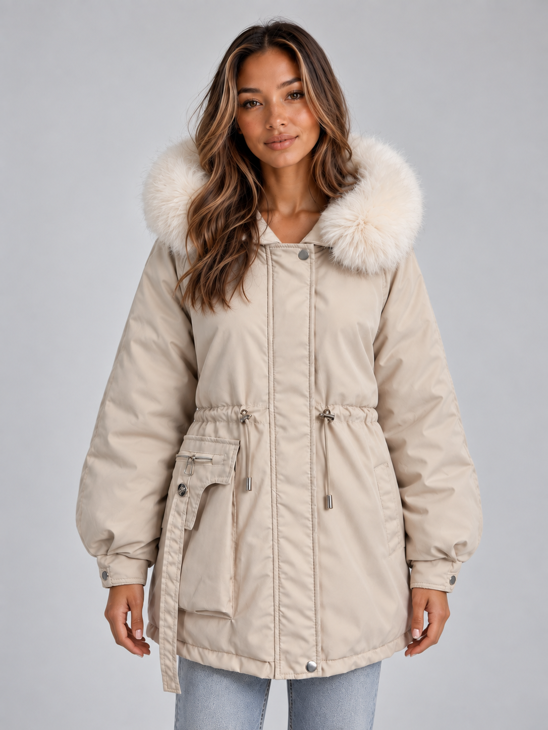 Faux Fur Collar Parka – Hooded Drawstring Winter Coat