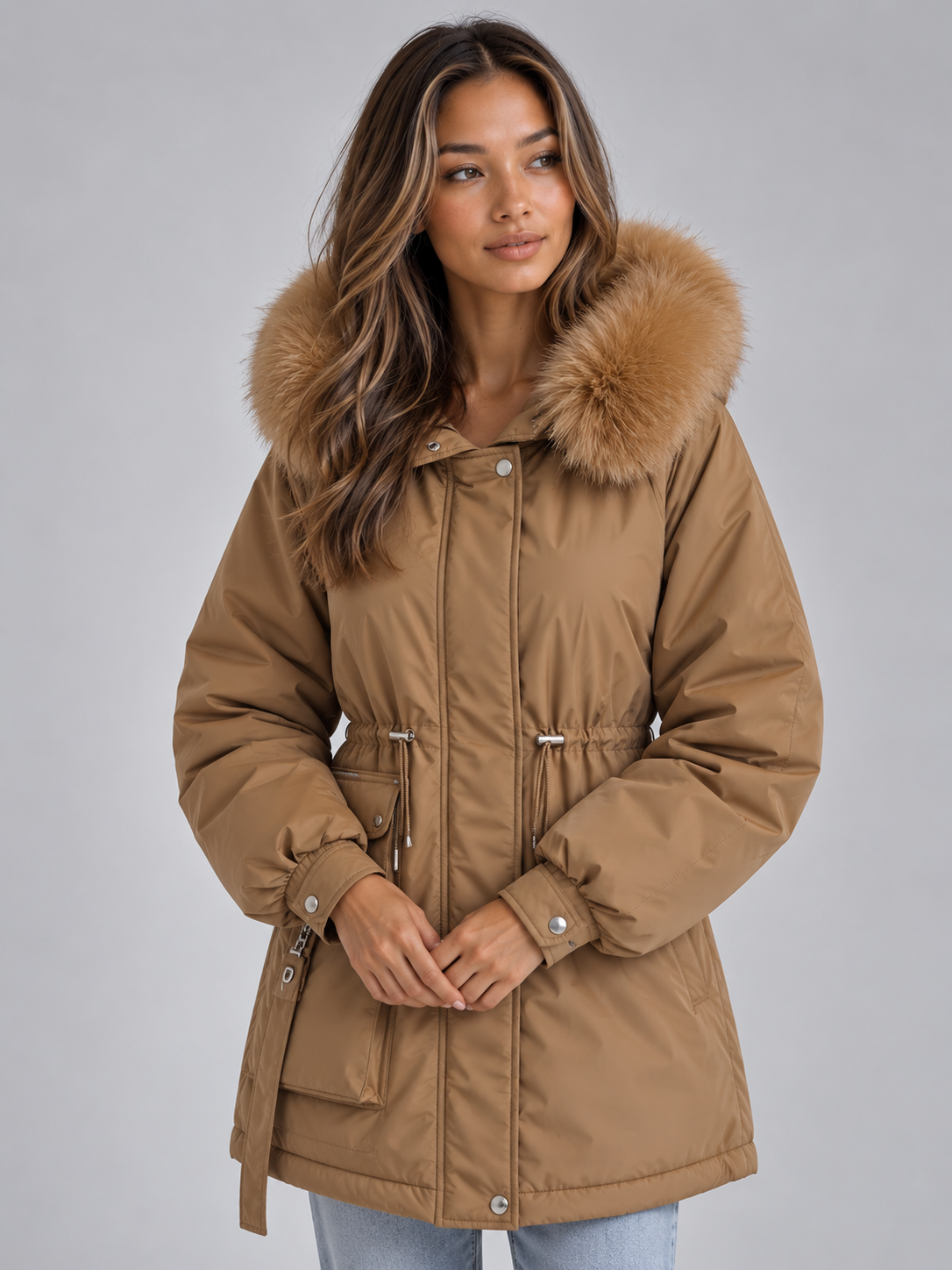 Faux Fur Collar Parka – Hooded Drawstring Winter Coat