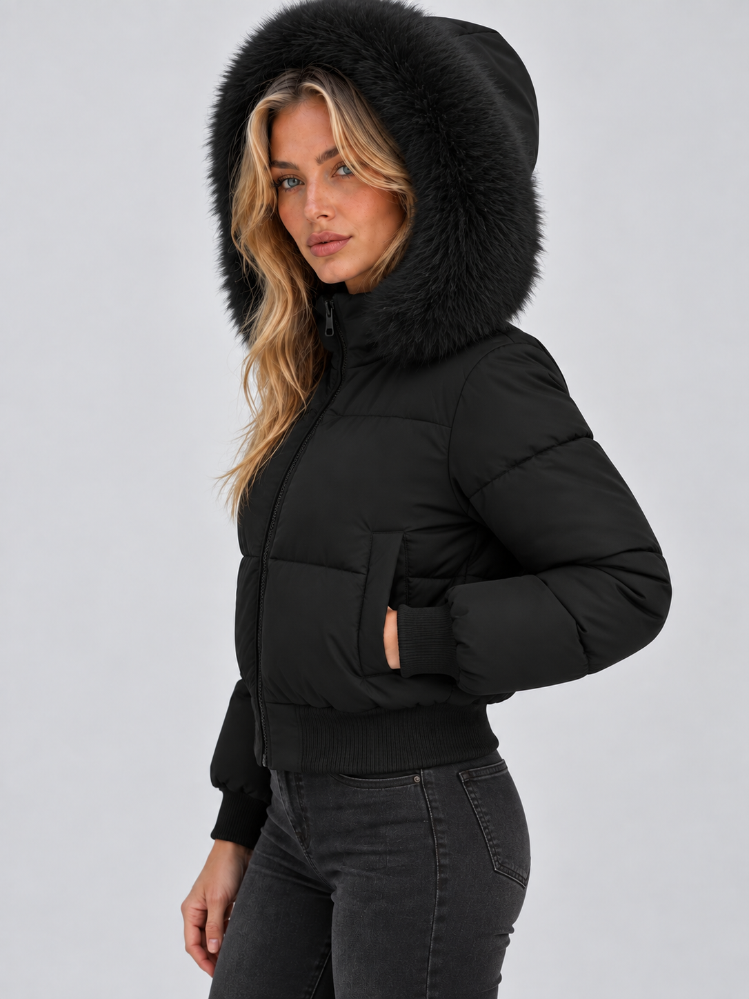 Faux Fur Collar Puffer Jacket – Full Zip Padded Winter Coat