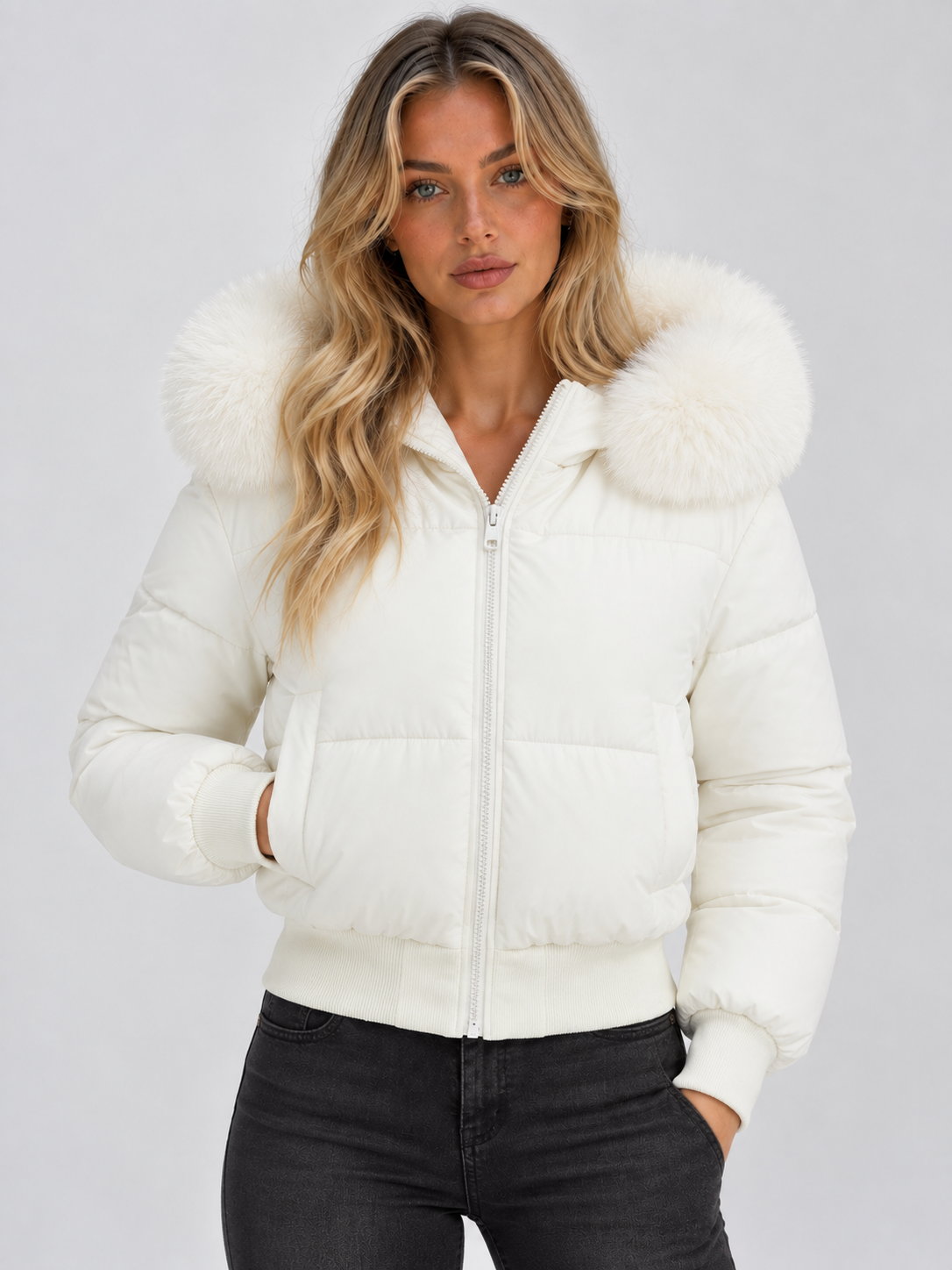Faux Fur Collar Puffer Jacket – Full Zip Padded Winter Coat