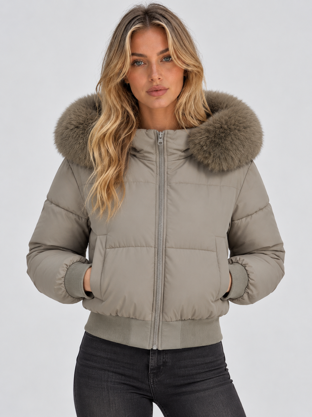 Faux Fur Collar Puffer Jacket – Full Zip Padded Winter Coat