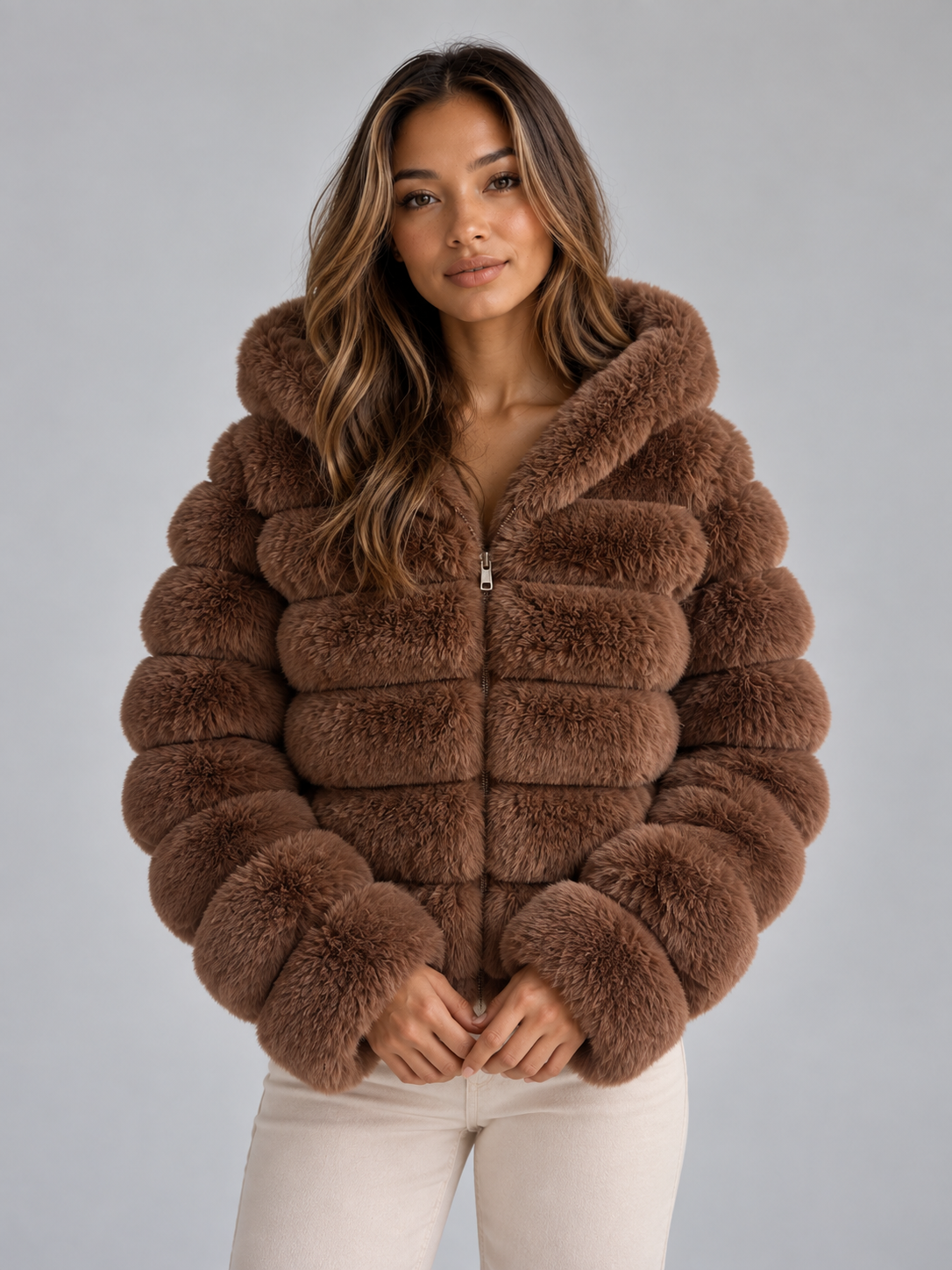 Faux Fur Hooded Jacket – Cropped Plush Winter Coat
