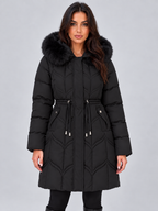 Faux Fur Hooded Puffer Coat – Quilted Drawstring Winter Parka Jacket