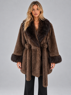 Faux Fur Trim Belted Coat – Shawl Collar Wrap Jacket