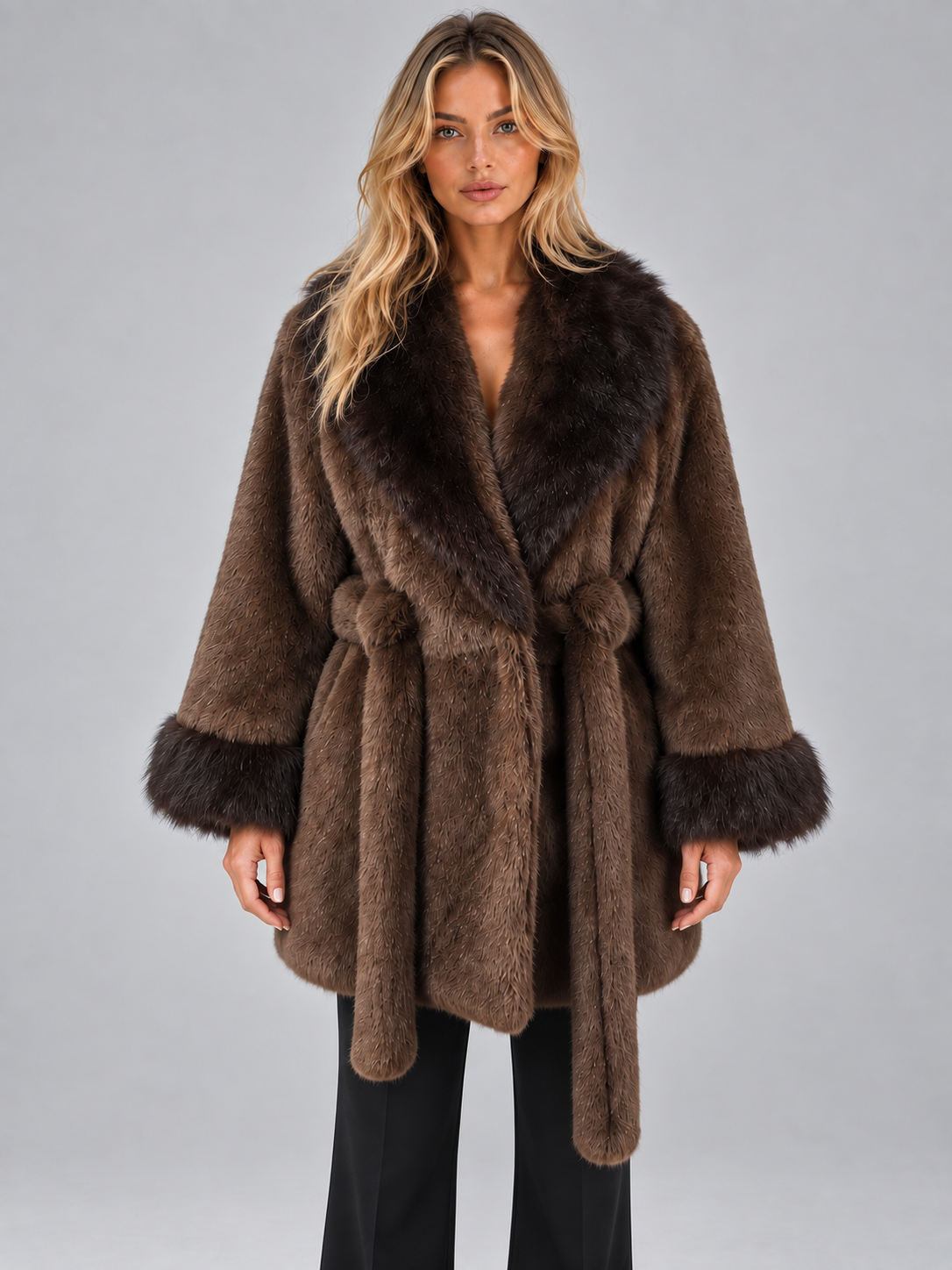 Faux Fur Trim Belted Coat – Shawl Collar Wrap Jacket