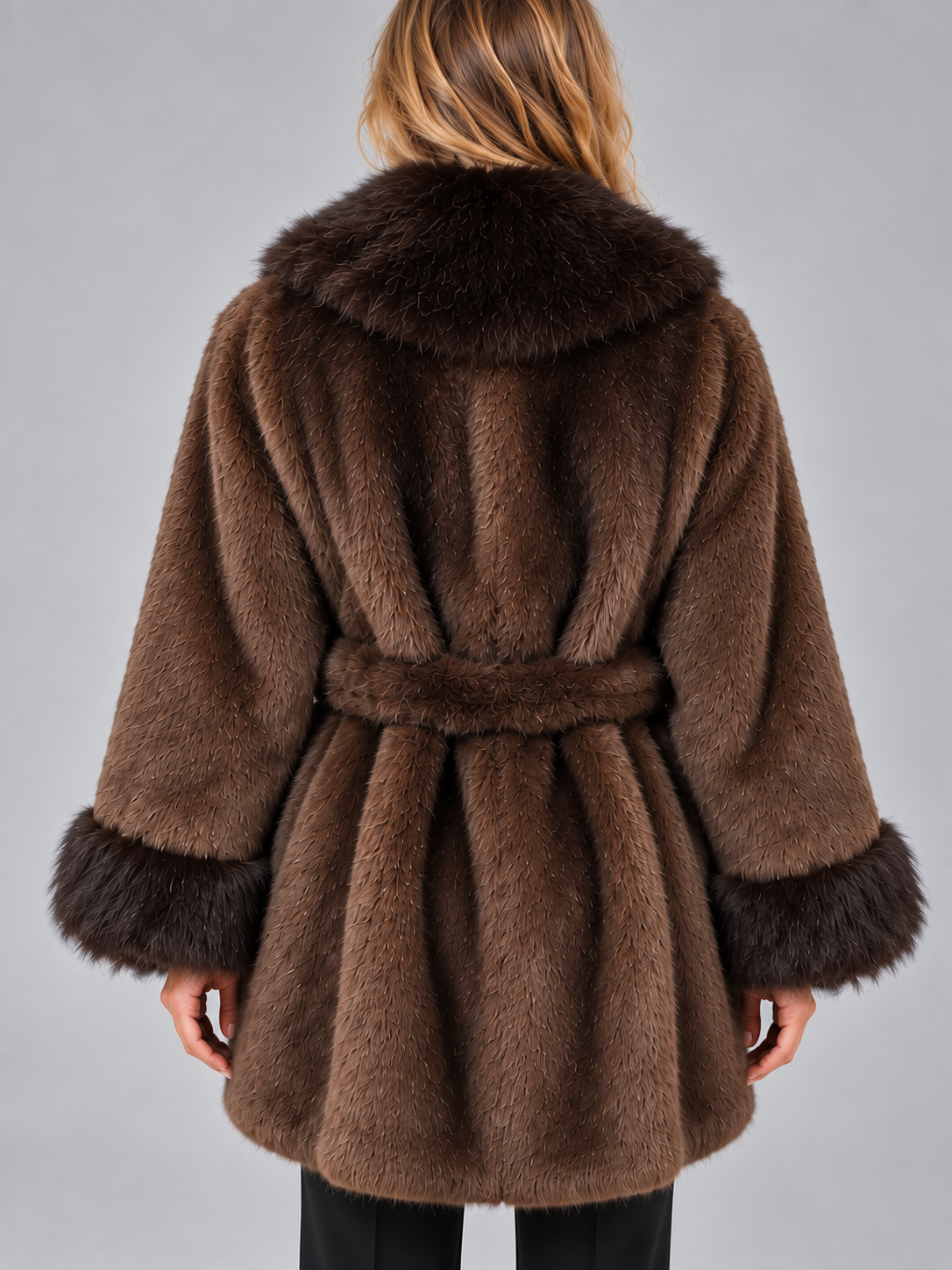 Faux Fur Trim Belted Coat – Shawl Collar Wrap Jacket