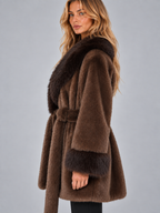Faux Fur Trim Belted Coat – Shawl Collar Wrap Jacket