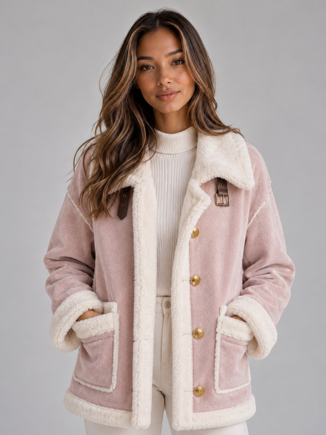 Faux Shearling Suede Look Jacket – Aviator Style Coat