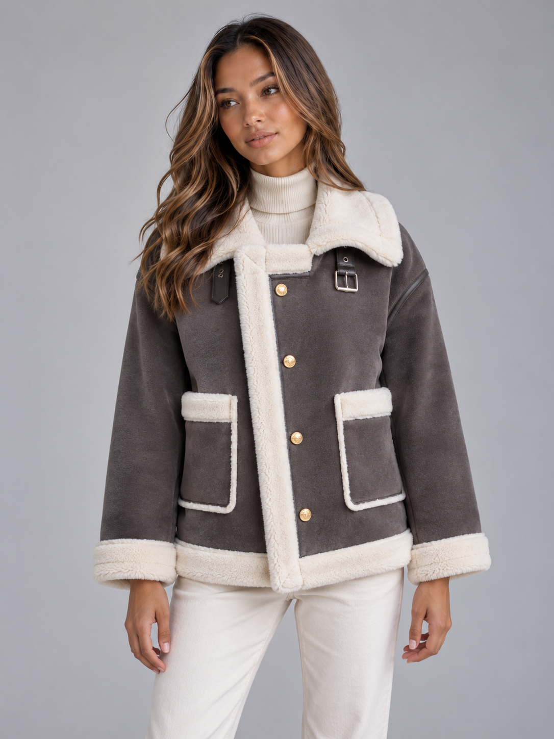 Faux Shearling Suede Look Jacket – Aviator Style Coat
