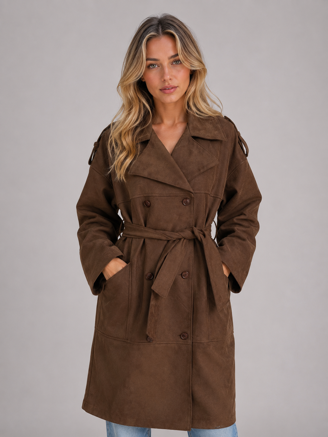 Suede Look Trench Coat – Belted Long Double-Breasted Style
