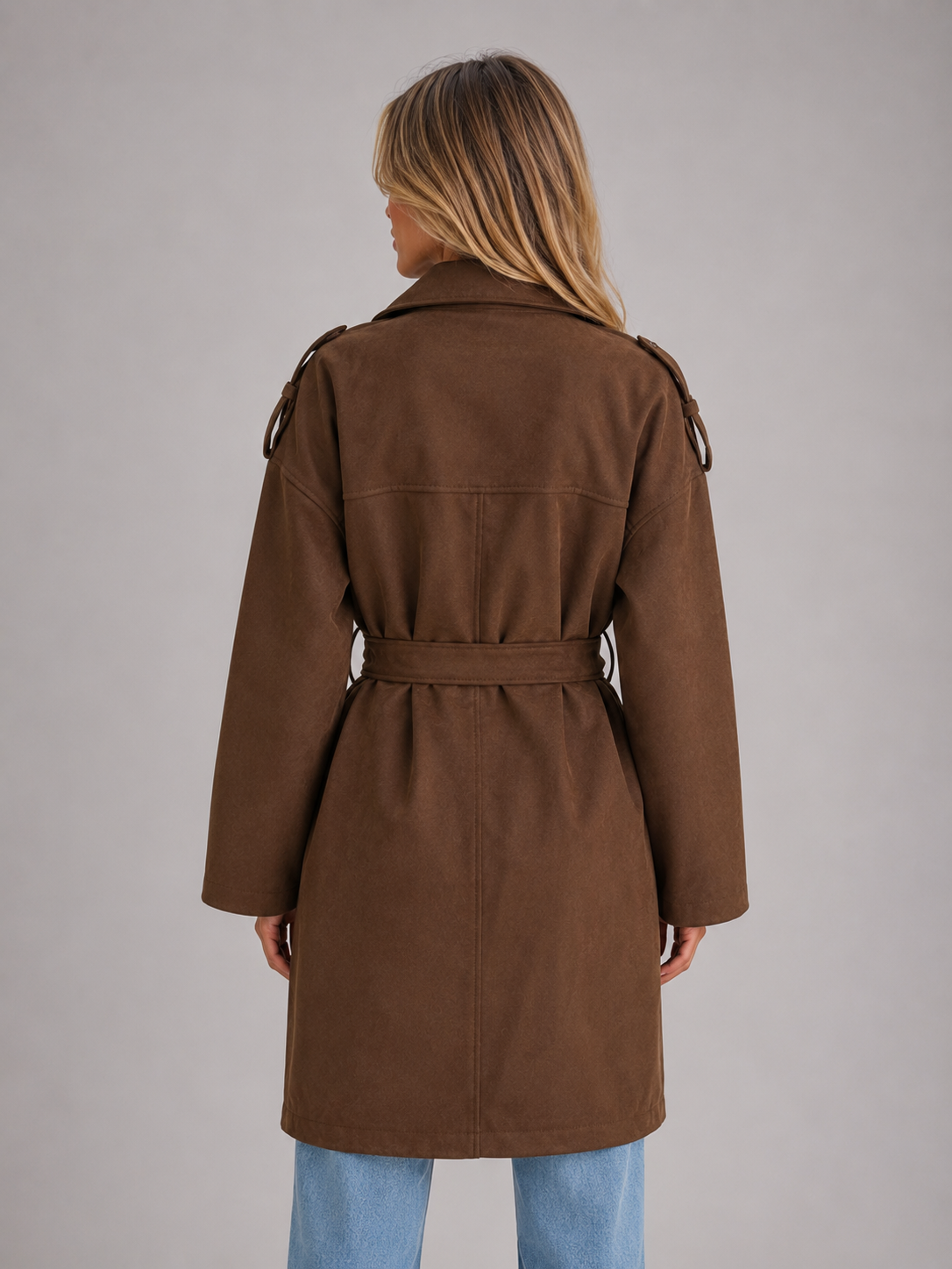 Suede Look Trench Coat – Belted Long Double-Breasted Style