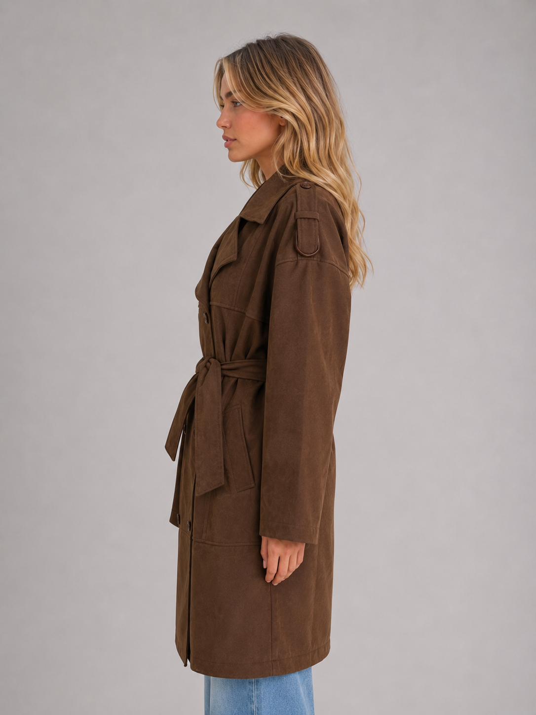 Suede Look Trench Coat – Belted Long Double-Breasted Style