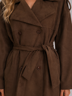 Suede Look Trench Coat – Belted Long Double-Breasted Style